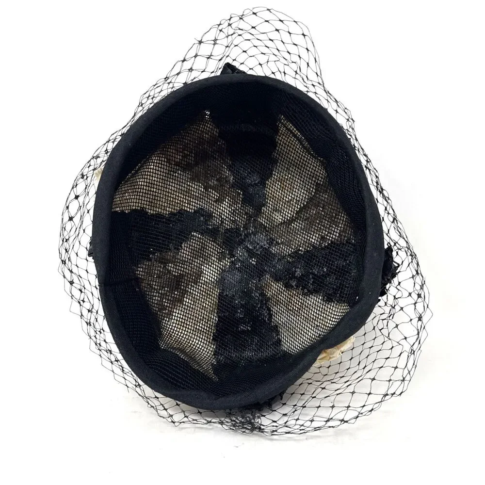 VTG 1950s Pillbox Hat Net Veil Womens Black Cream Taupe Woven Raffia Rockabilly - Picture 8 of 11